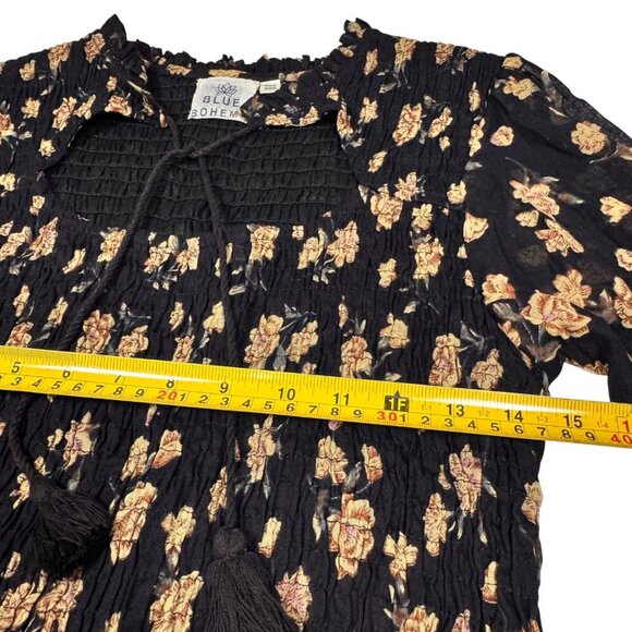Blue Boheme Floral Top Sz.M- L Black Smocked Ruffle Whimsigoth Fairy Grunge - Picture 7 of 10